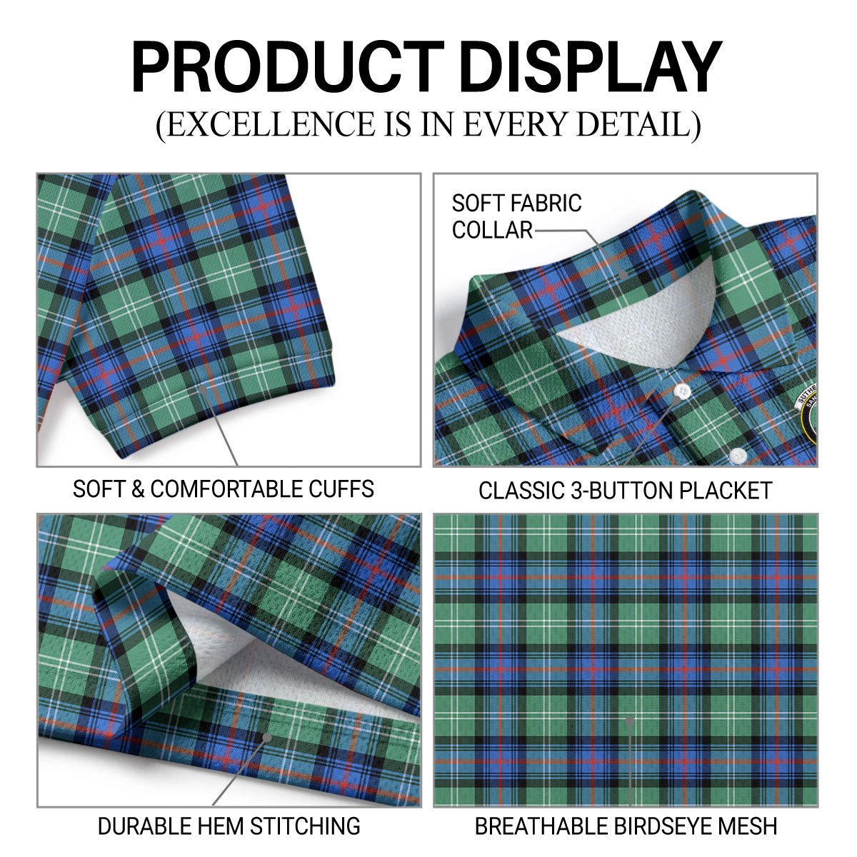 Sutherland Old Ancient Tartan Crest Birdseye Mesh Polo Shirt