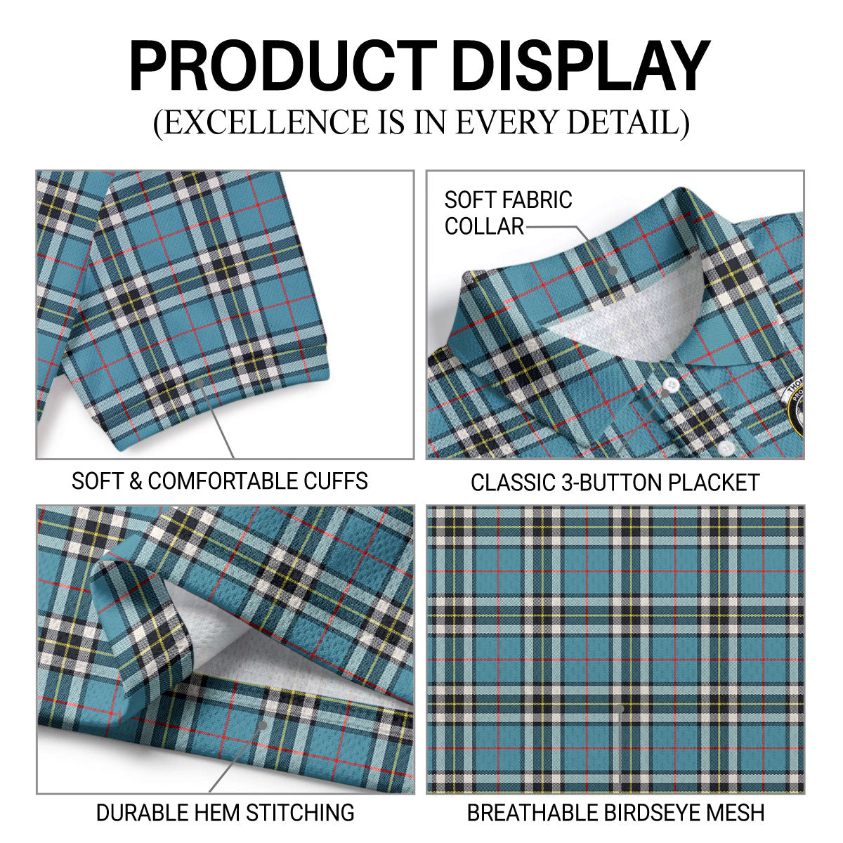 Thomson Blue Tartan Crest Birdseye Mesh Polo Shirt