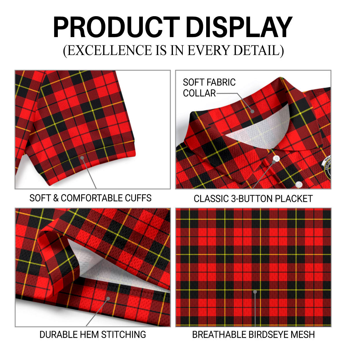Wallace Hunting Red Tartan Crest Birdseye Mesh Polo Shirt
