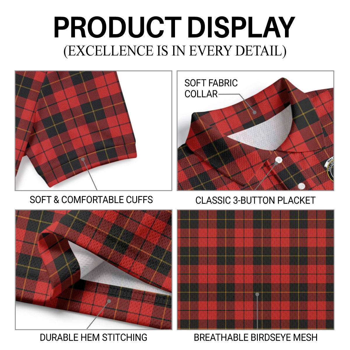 Wallace Weathered Tartan Crest Birdseye Mesh Polo Shirt