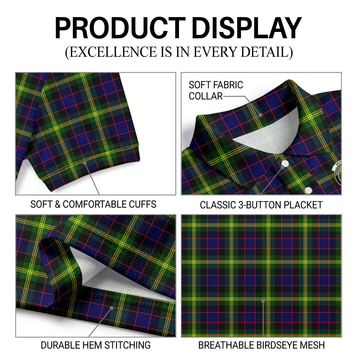 Watson Modern Tartan Crest Birdseye Mesh Polo Shirt