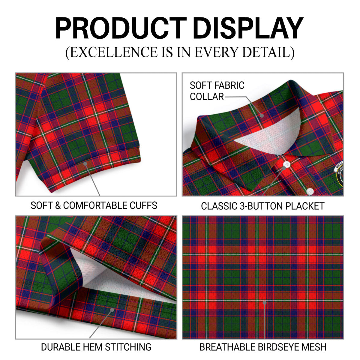 Wauchope (or Waugh) Tartan Crest Birdseye Mesh Polo Shirt