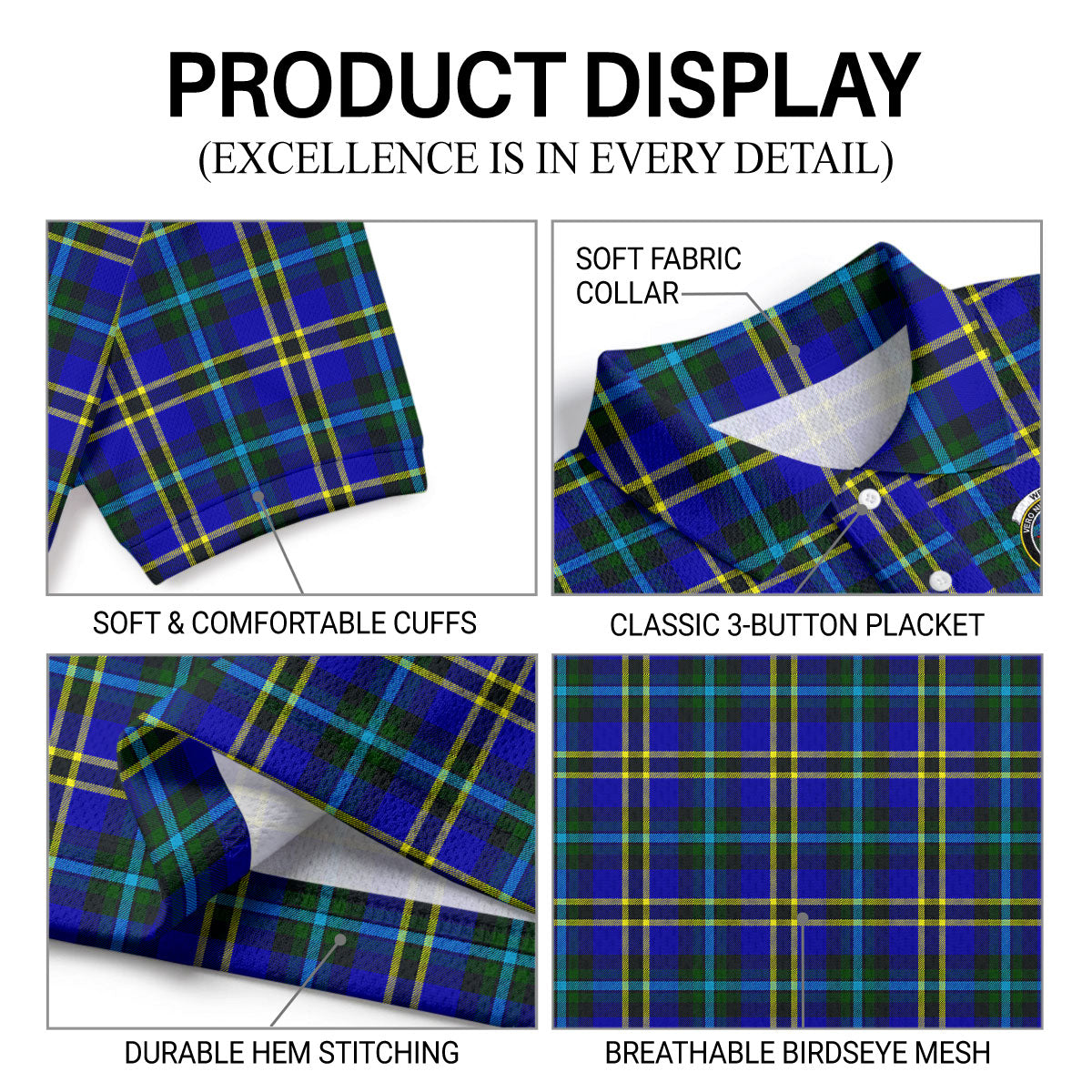 Weir Modern Tartan Crest Birdseye Mesh Polo Shirt