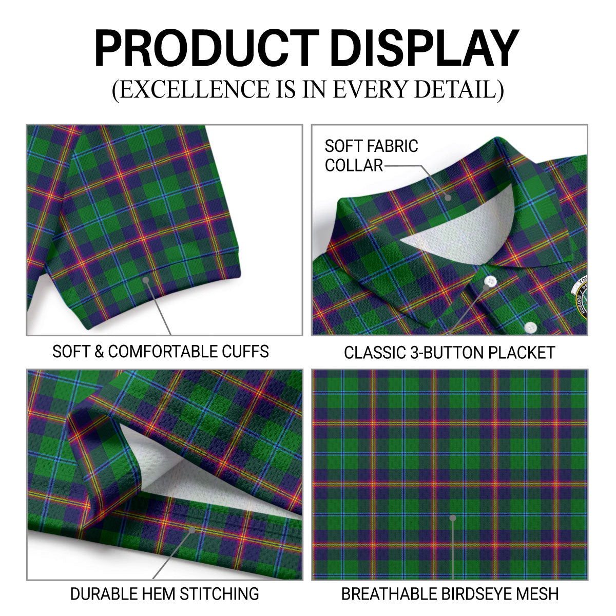 Young Modern Tartan Crest Birdseye Mesh Polo Shirt