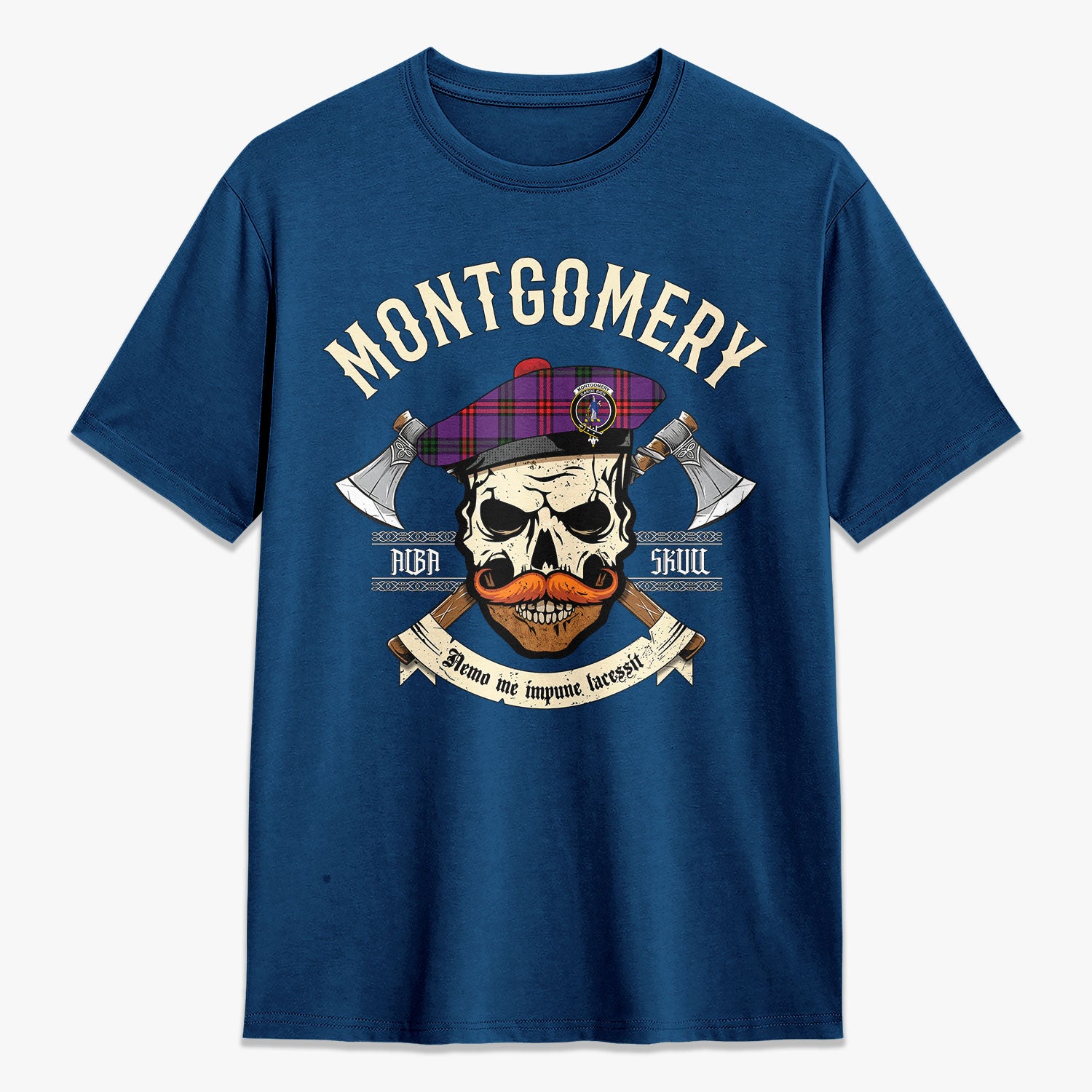 Montgomery Modern Tartan Crest 2D T-shirt - Alba Skull Style
