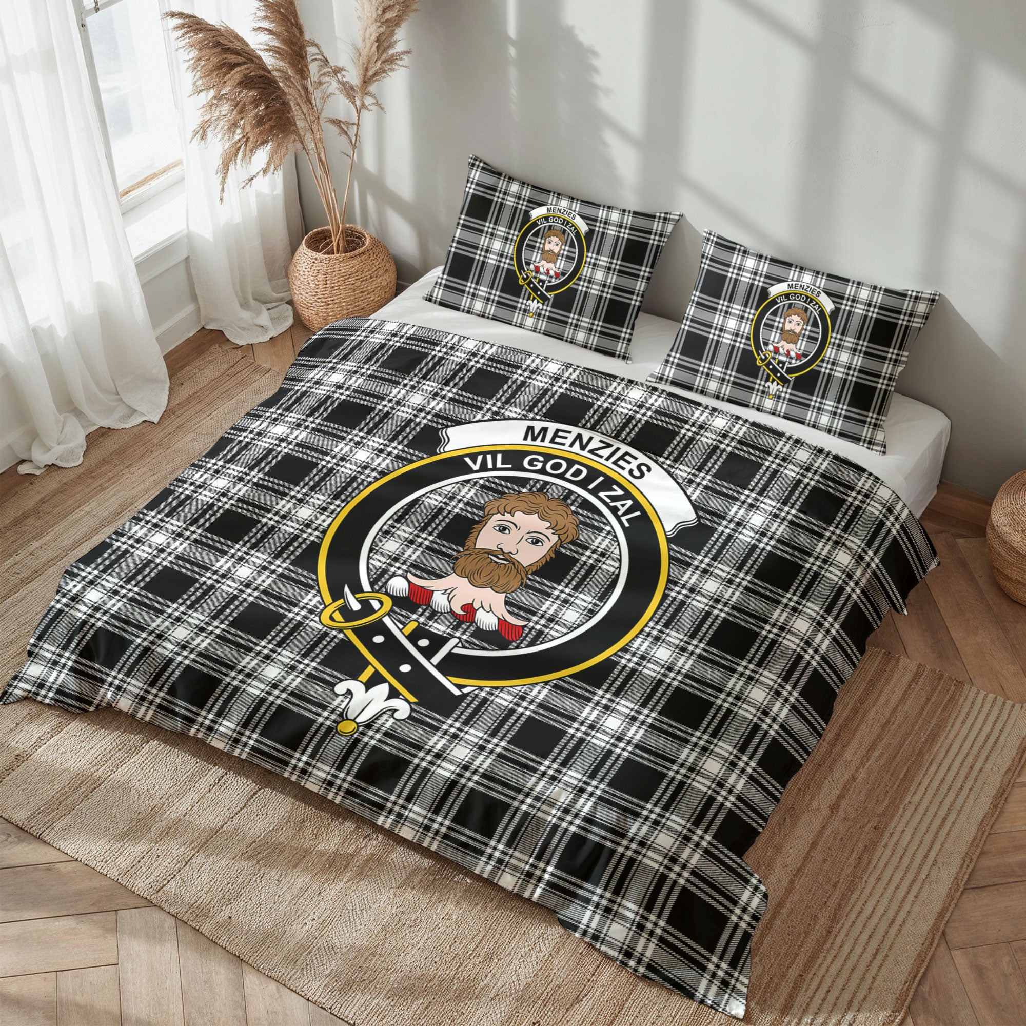 Menzies Black - White Modern Tartan Crest Bedding Set