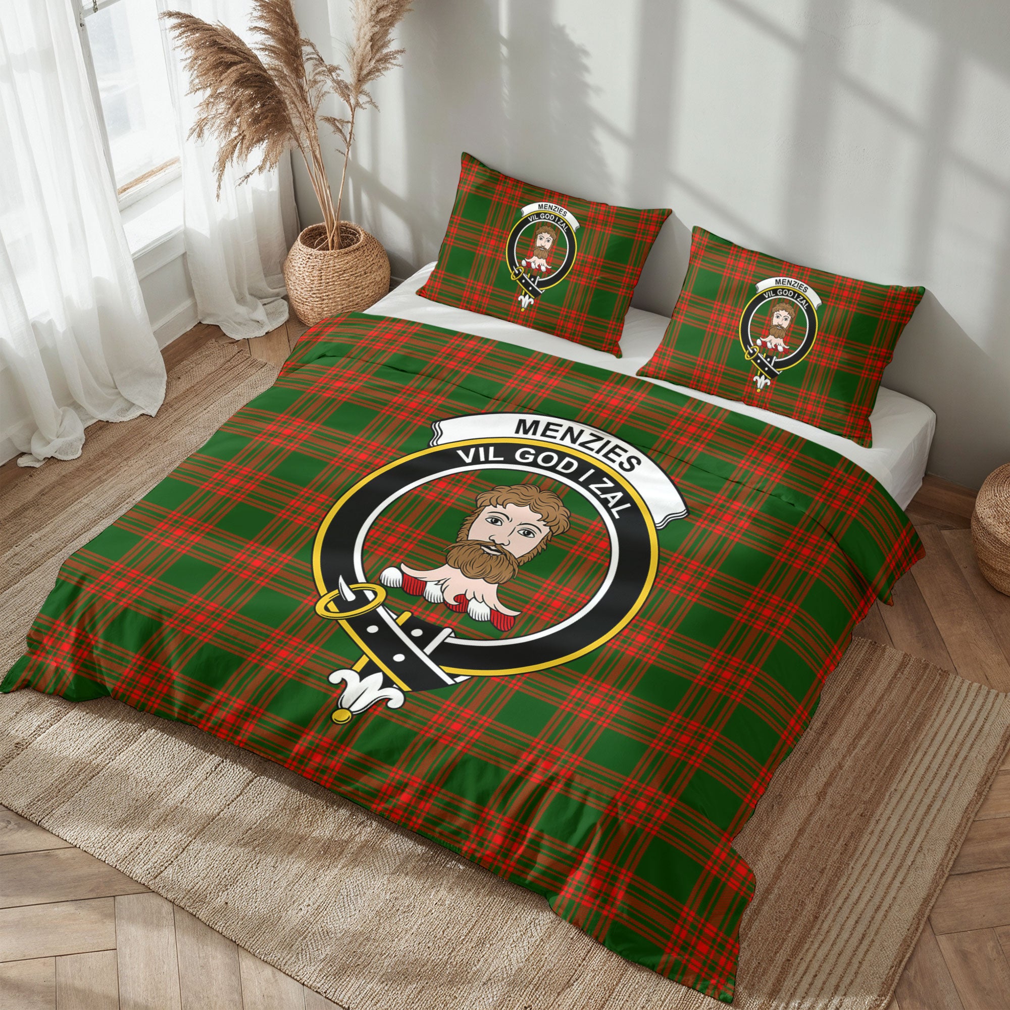 Menzies Green Modern Tartan Crest Bedding Set