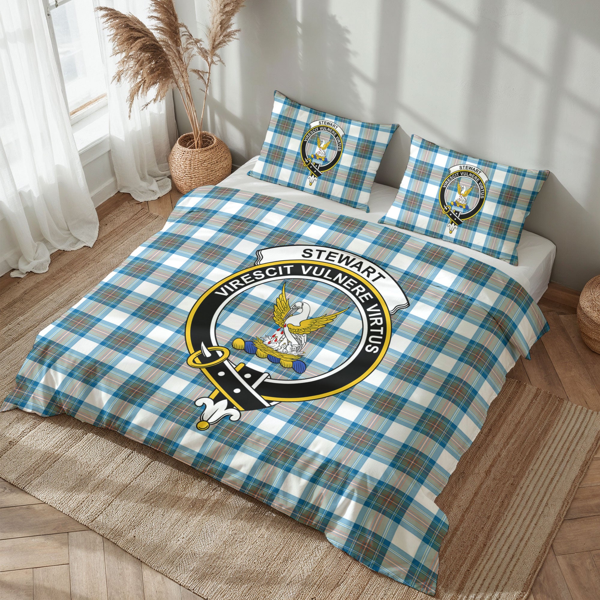 Stewart Muted Blue Tartan Crest Bedding Set