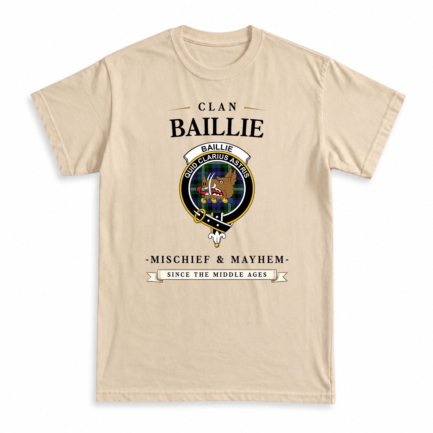 Baillie Modern Tartan Crest Mischief and Mayhem T-shirt