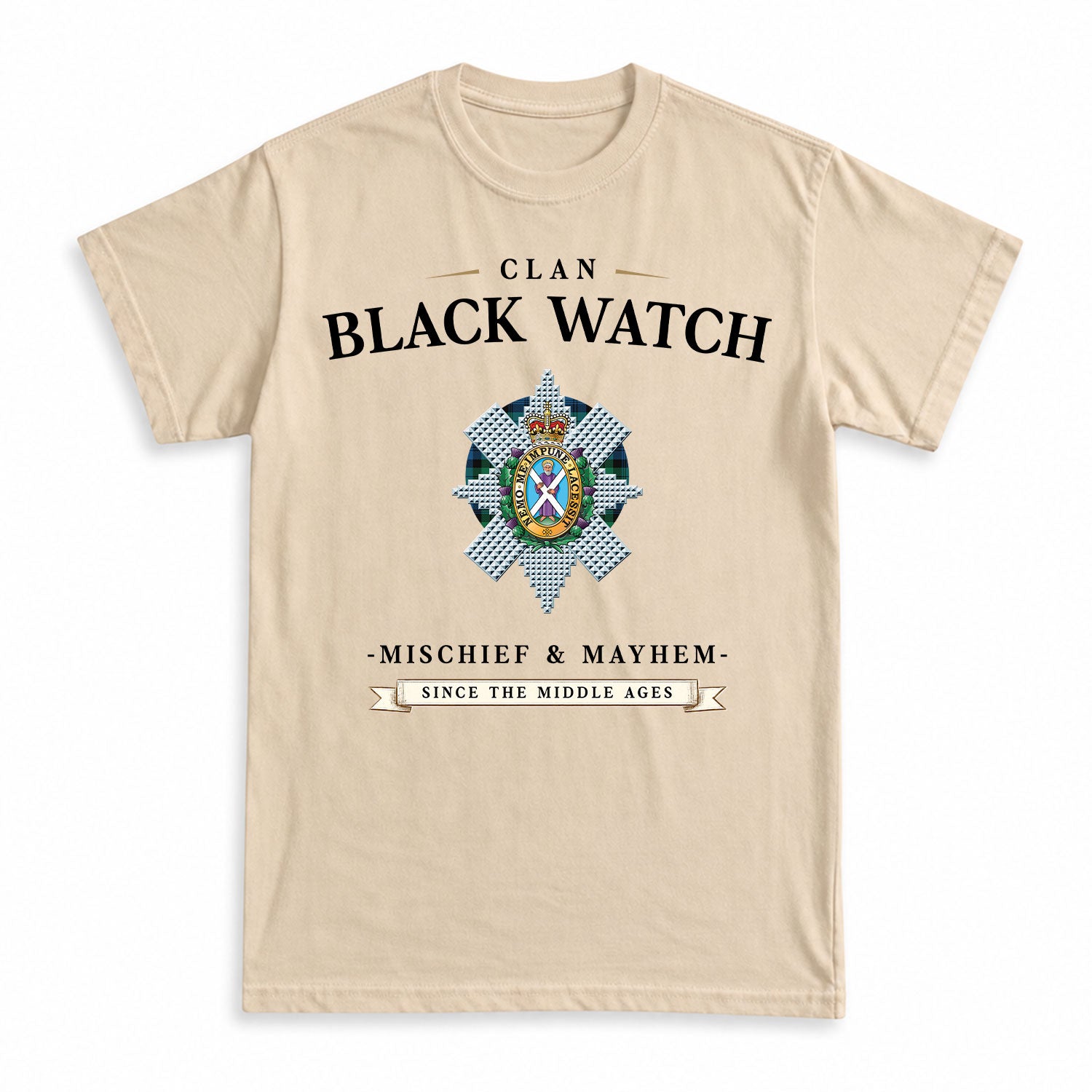 Black Watch Ancient Tartan Crest Mischief and Mayhem T-shirt