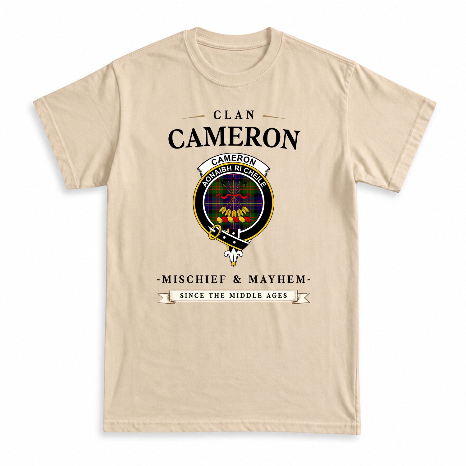 Cameron of Erracht Modern Tartan Crest Mischief and Mayhem T-shirt
