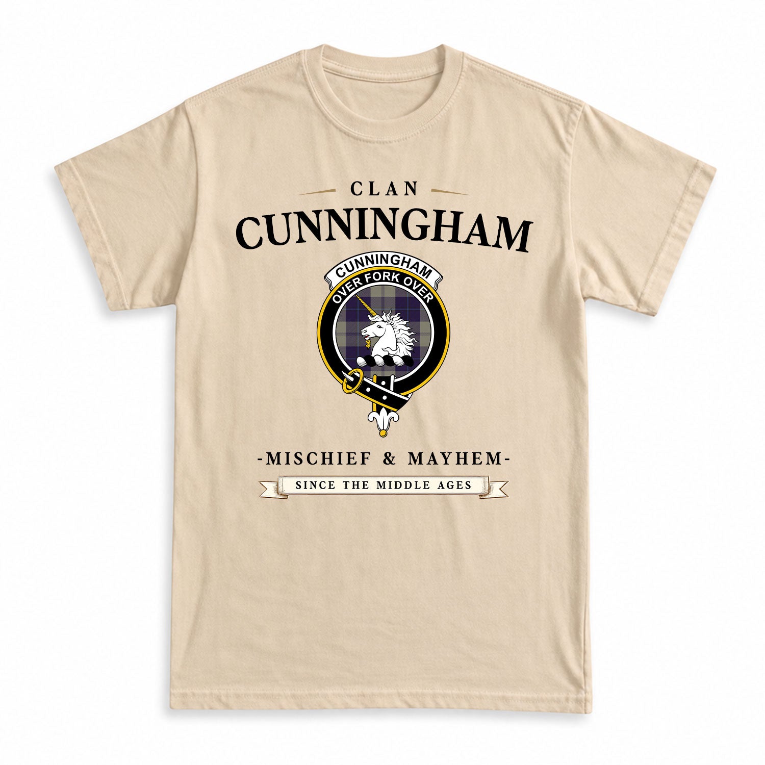 Cunningham Dress Blue Dancers Tartan Crest Mischief and Mayhem T-shirt
