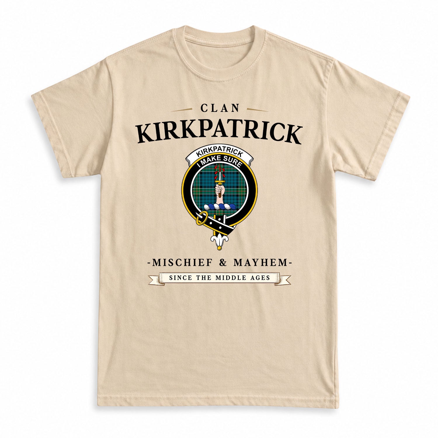 Kirkpatrick Ancient Tartan Crest Mischief and Mayhem T-shirt