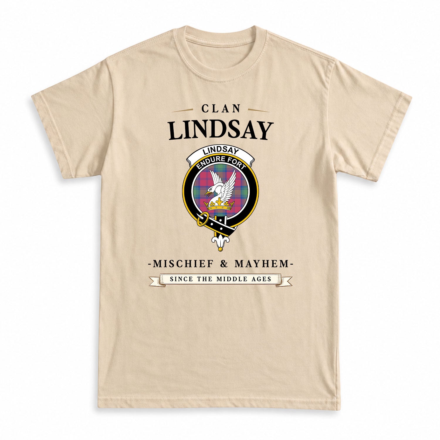 Lindsay Ancient Tartan Crest Mischief and Mayhem T-shirt