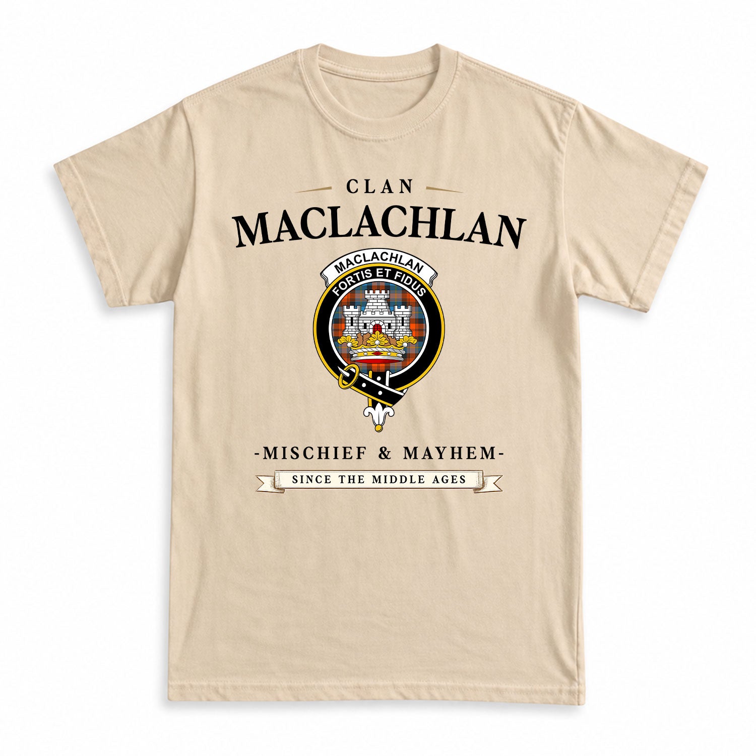 MacLachlan Ancient Tartan Crest Mischief and Mayhem T-shirt