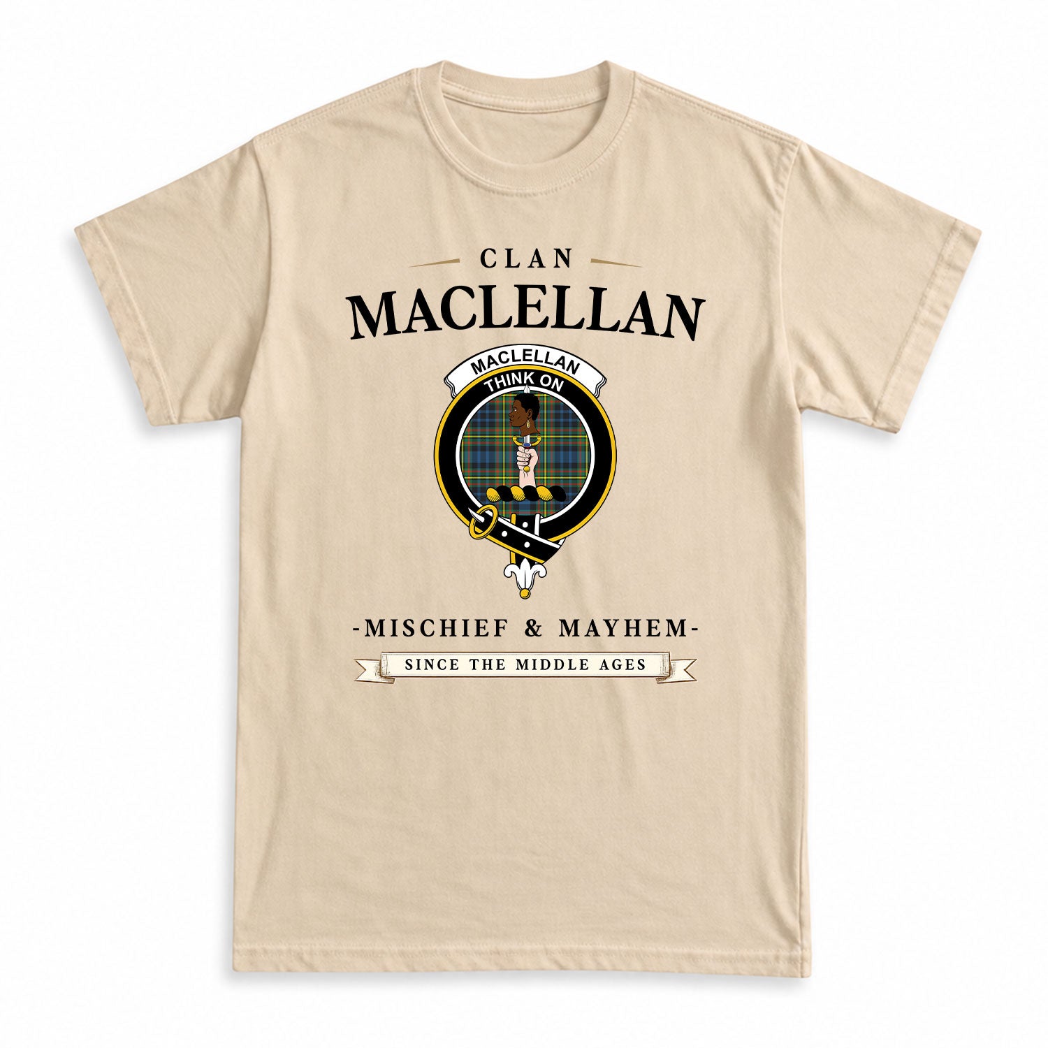 MacLellan Ancient Tartan Crest Mischief and Mayhem T-shirt