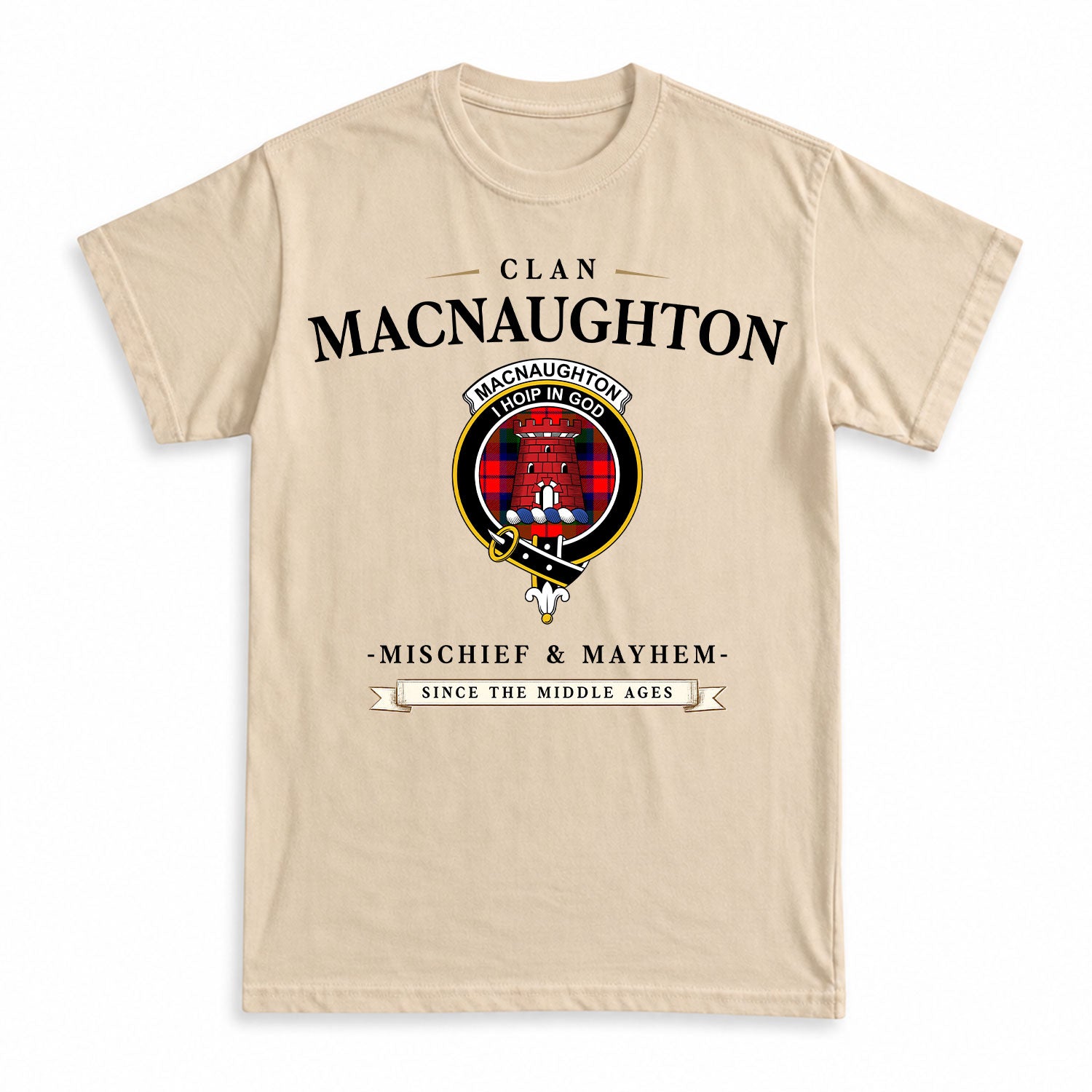 MacNaughton Modern Tartan Crest Mischief and Mayhem T-shirt
