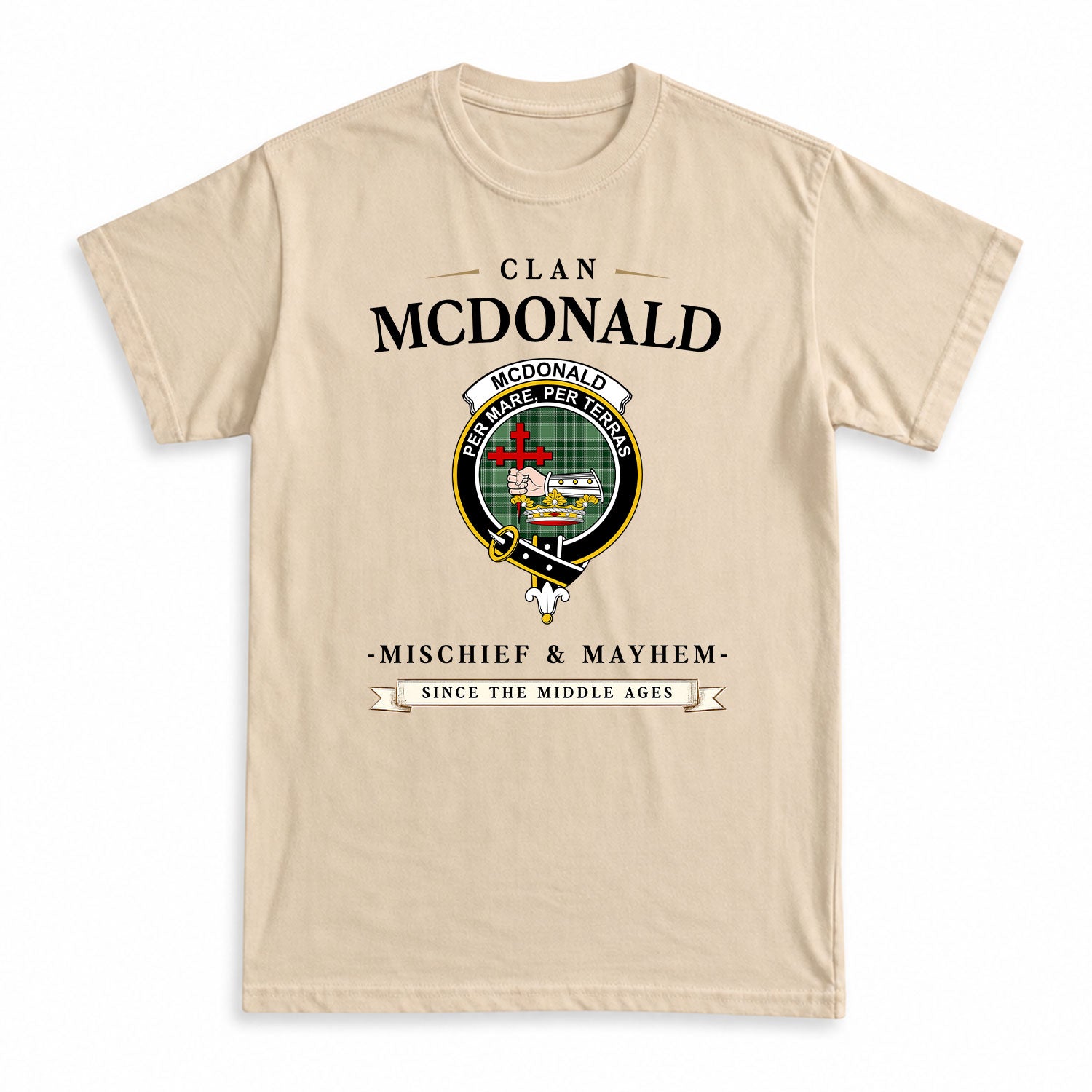 McDonald Lord of the Isles Hunting Tartan Crest Mischief and Mayhem T-shirt