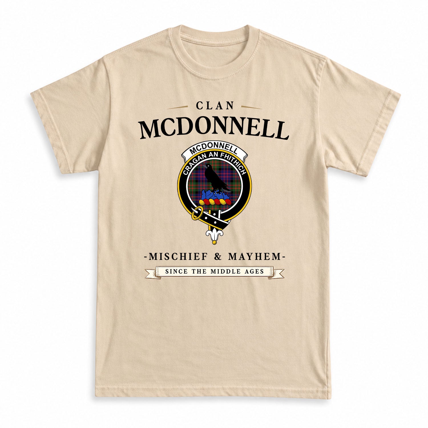 McDonnell of Glengarry Modern Tartan Crest Mischief and Mayhem T-shirt