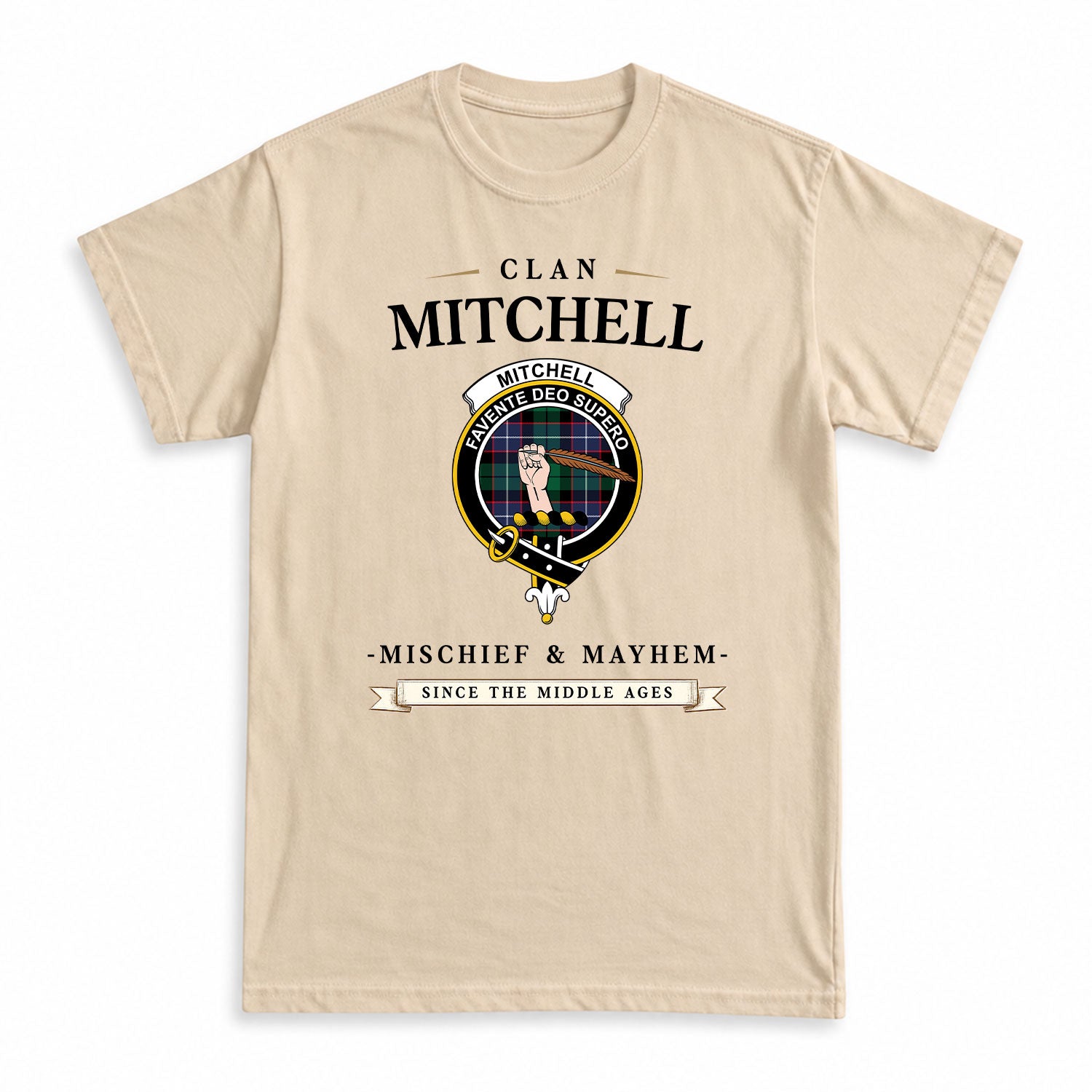 Mitchell Modern Tartan Crest Mischief and Mayhem T-shirt