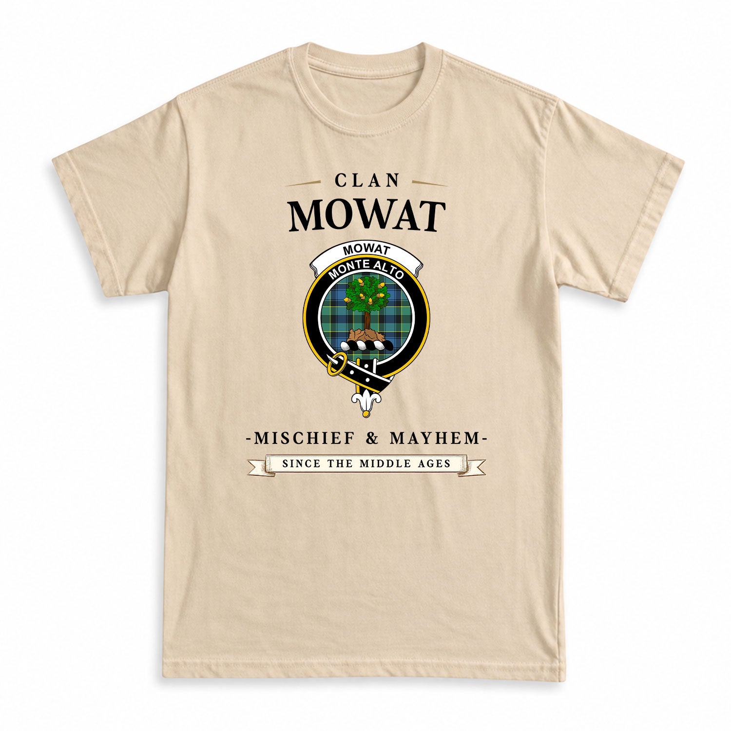 Mowat Ancient Tartan Crest Mischief and Mayhem T-shirt