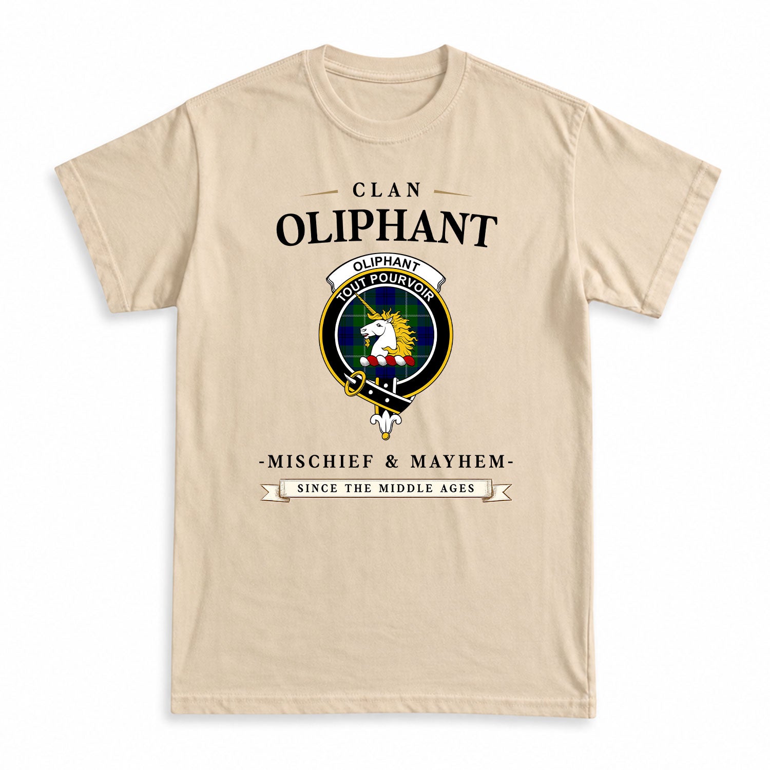 Oliphant Modern Tartan Crest Mischief and Mayhem T-shirt