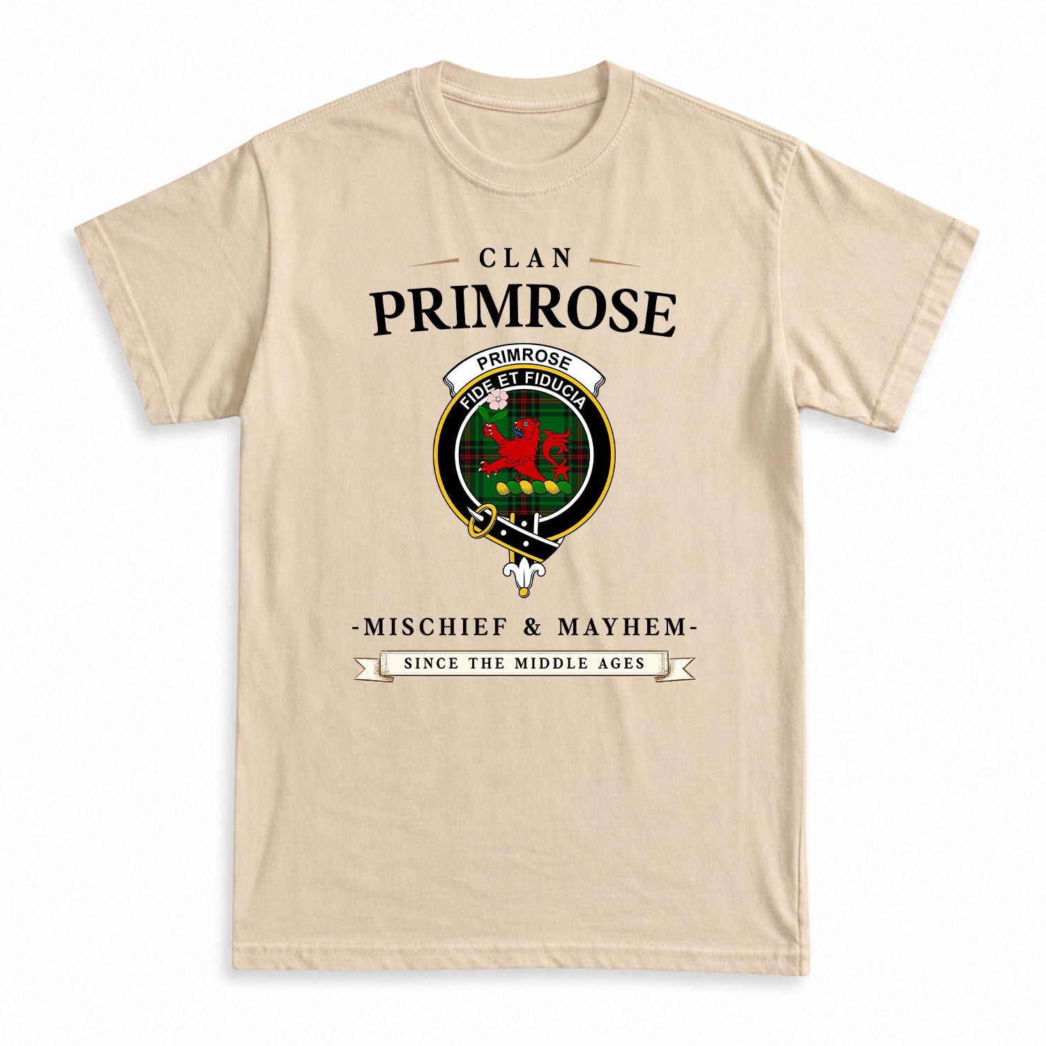 Primrose Tartan Crest Mischief and Mayhem T-shirt