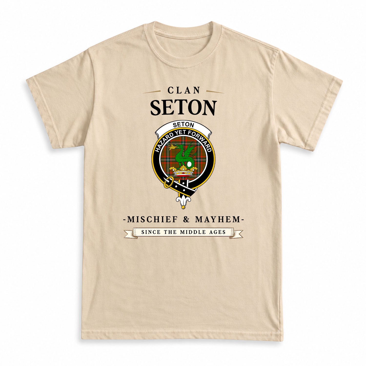 Seton Hunting Modern Tartan Crest Mischief and Mayhem T-shirt