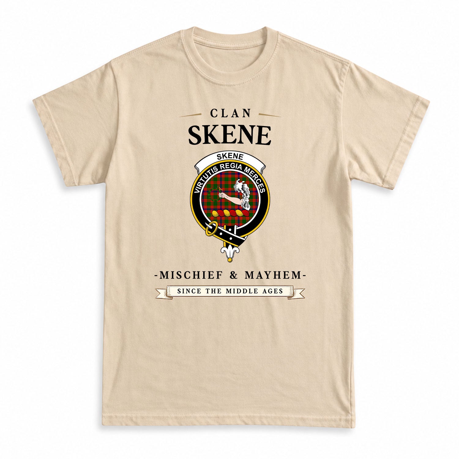 Skene Modern Tartan Crest Mischief and Mayhem T-shirt