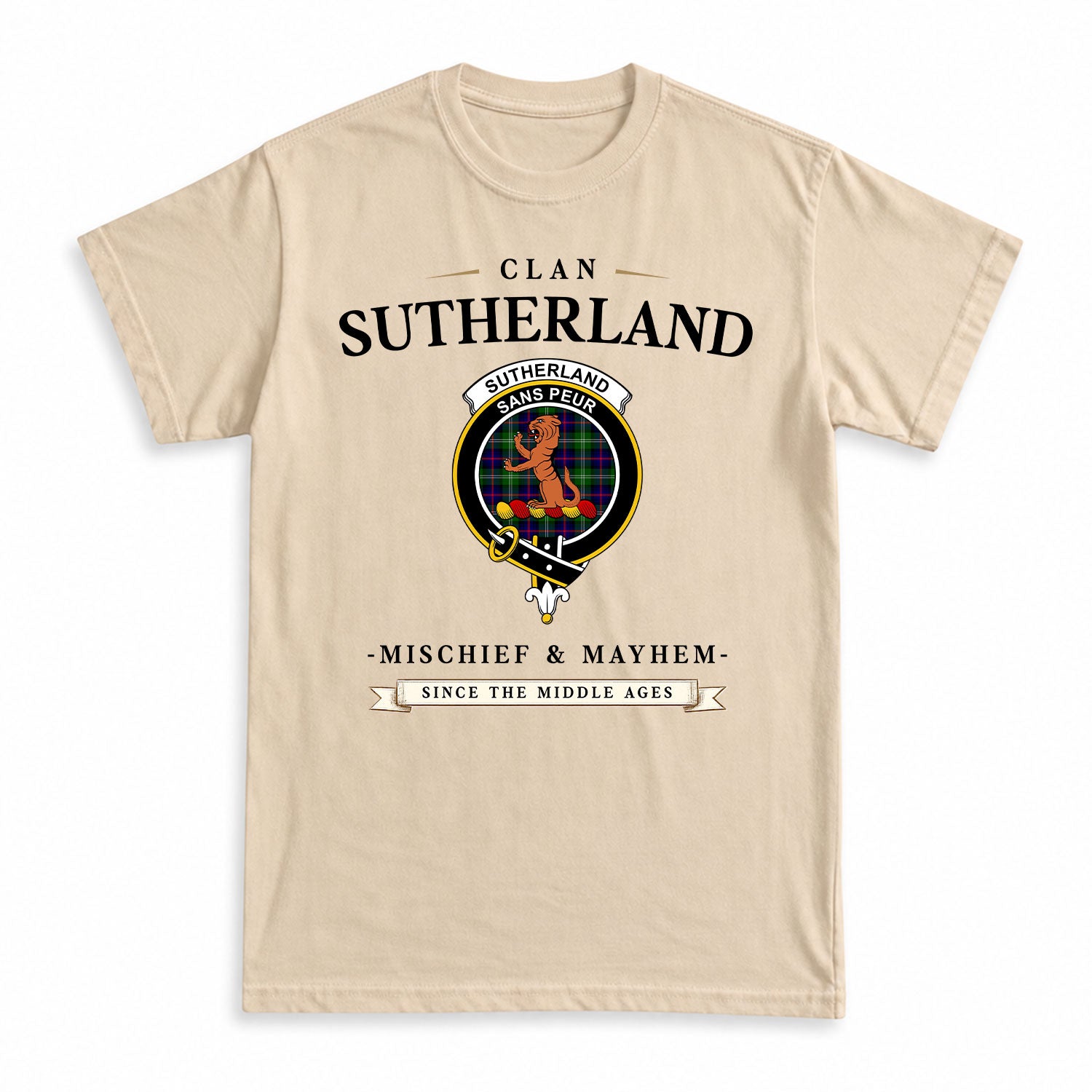 Sutherland Modern Tartan Crest Mischief and Mayhem T-shirt