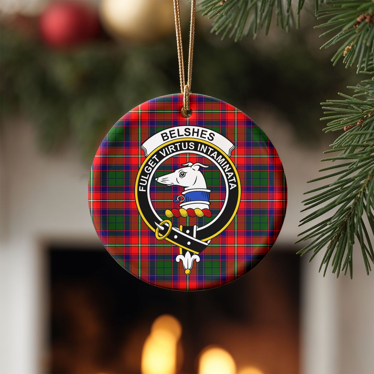 Belshes Tartan Crest Christmas Ceramic Ornament