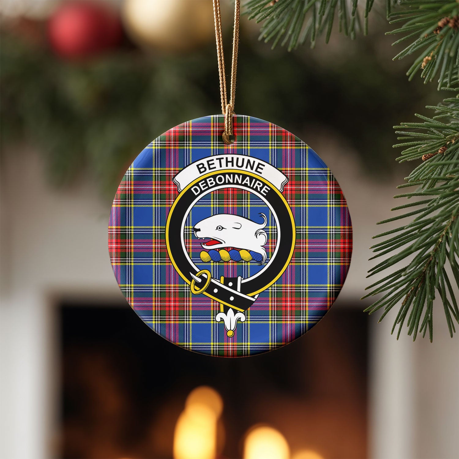 Bethune Modern Tartan Crest Christmas Ceramic Ornament