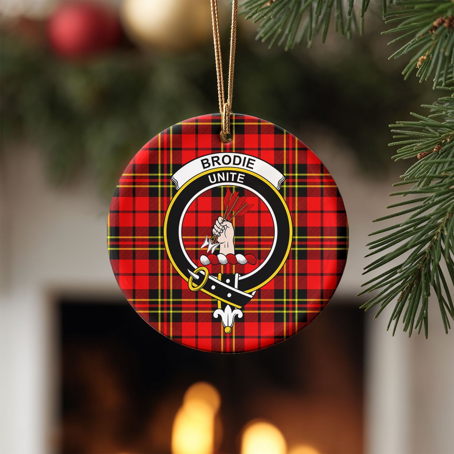 Brodie Modern Tartan Crest Christmas Ceramic Ornament