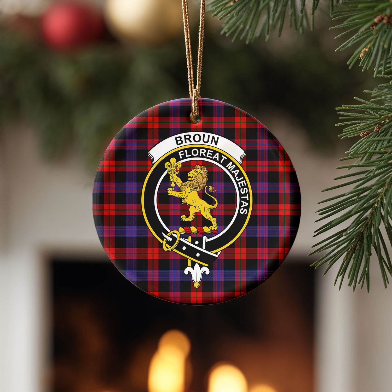 Broun Modern Tartan Crest Christmas Ceramic Ornament