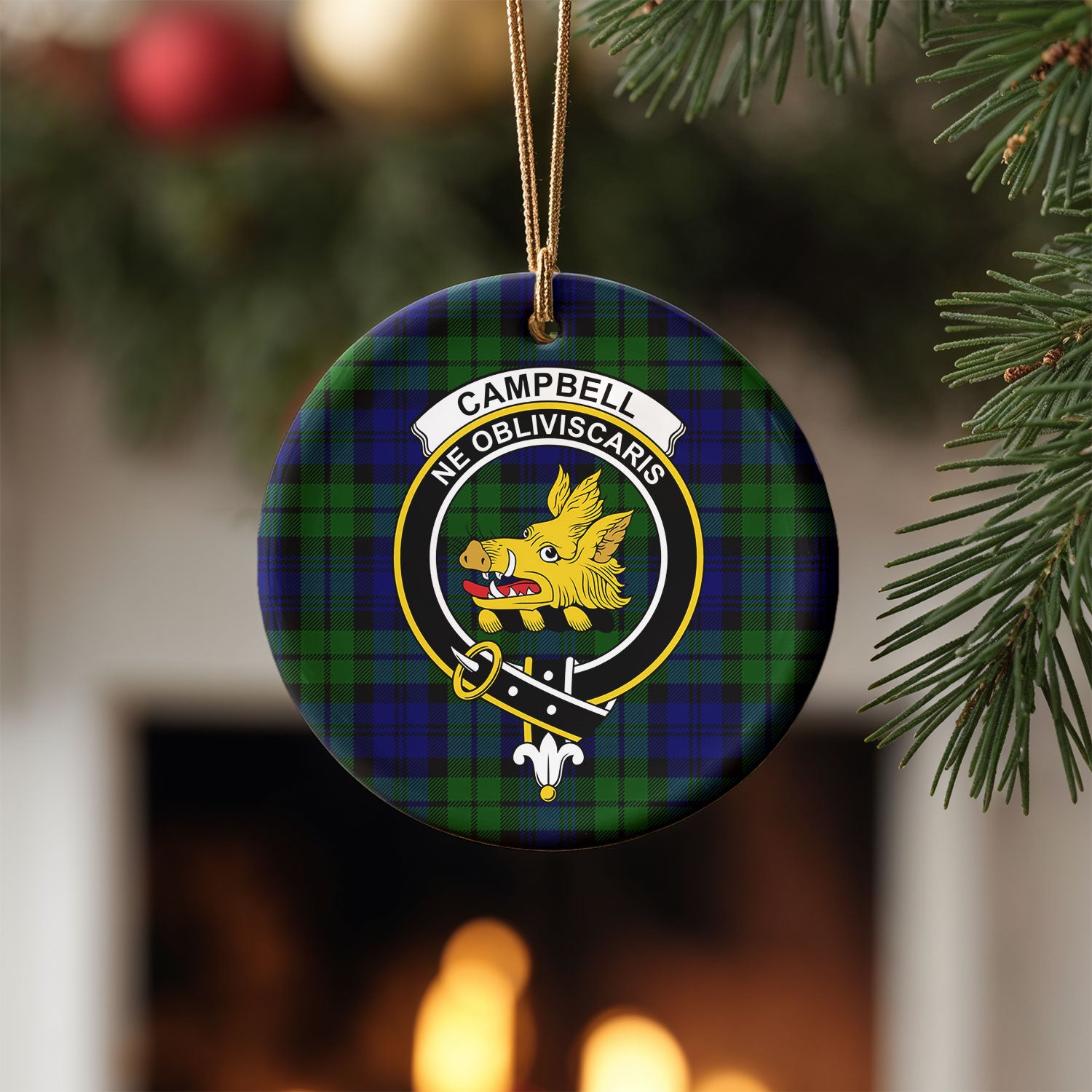 Campbell Modern Tartan Crest Christmas Ceramic Ornament