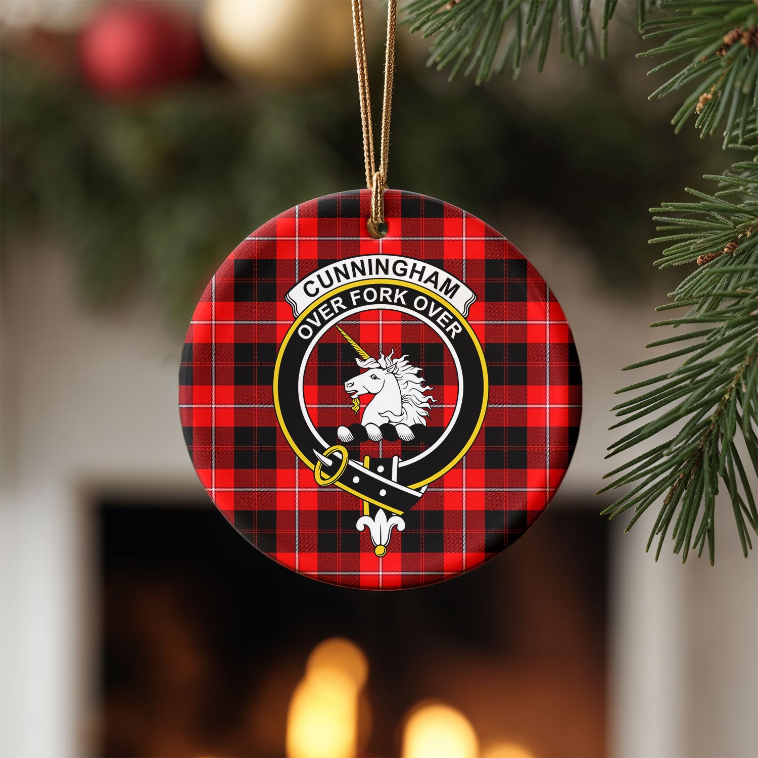 Cunningham Modern Tartan Crest Christmas Ceramic Ornament