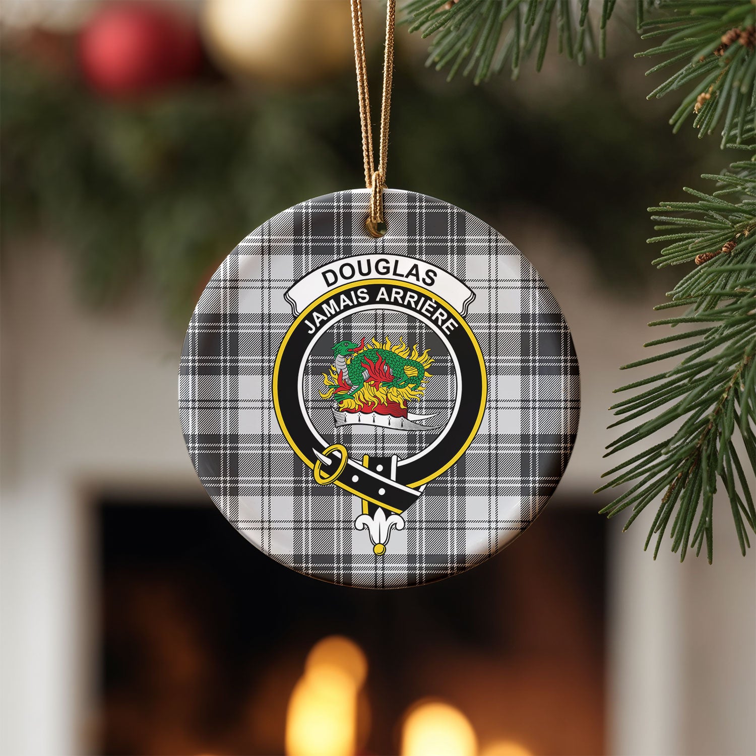 Douglas Grey Modern Tartan Crest Christmas Ceramic Ornament
