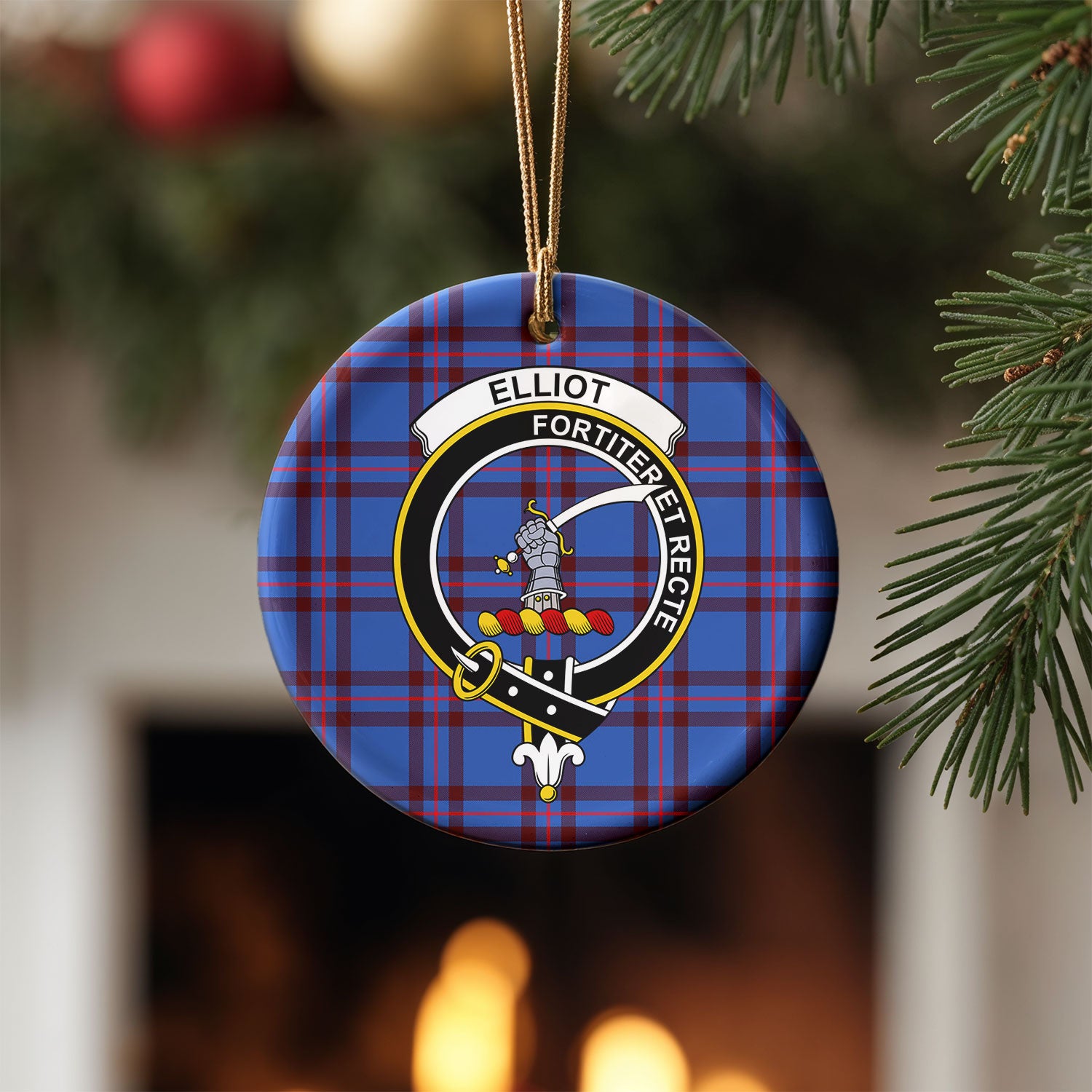 Elliot Modern Tartan Crest Christmas Ceramic Ornament