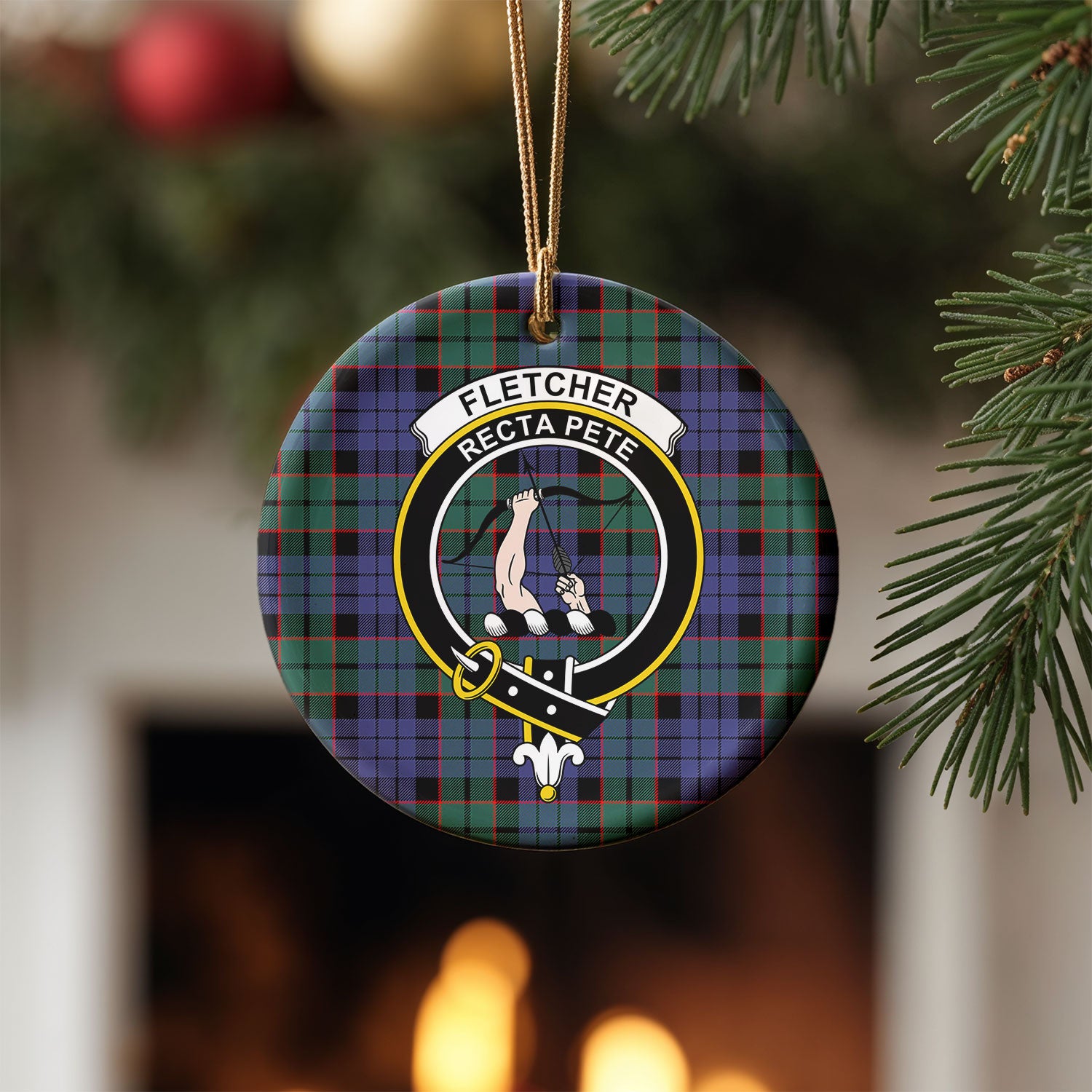 Fletcher Modern Tartan Crest Christmas Ceramic Ornament