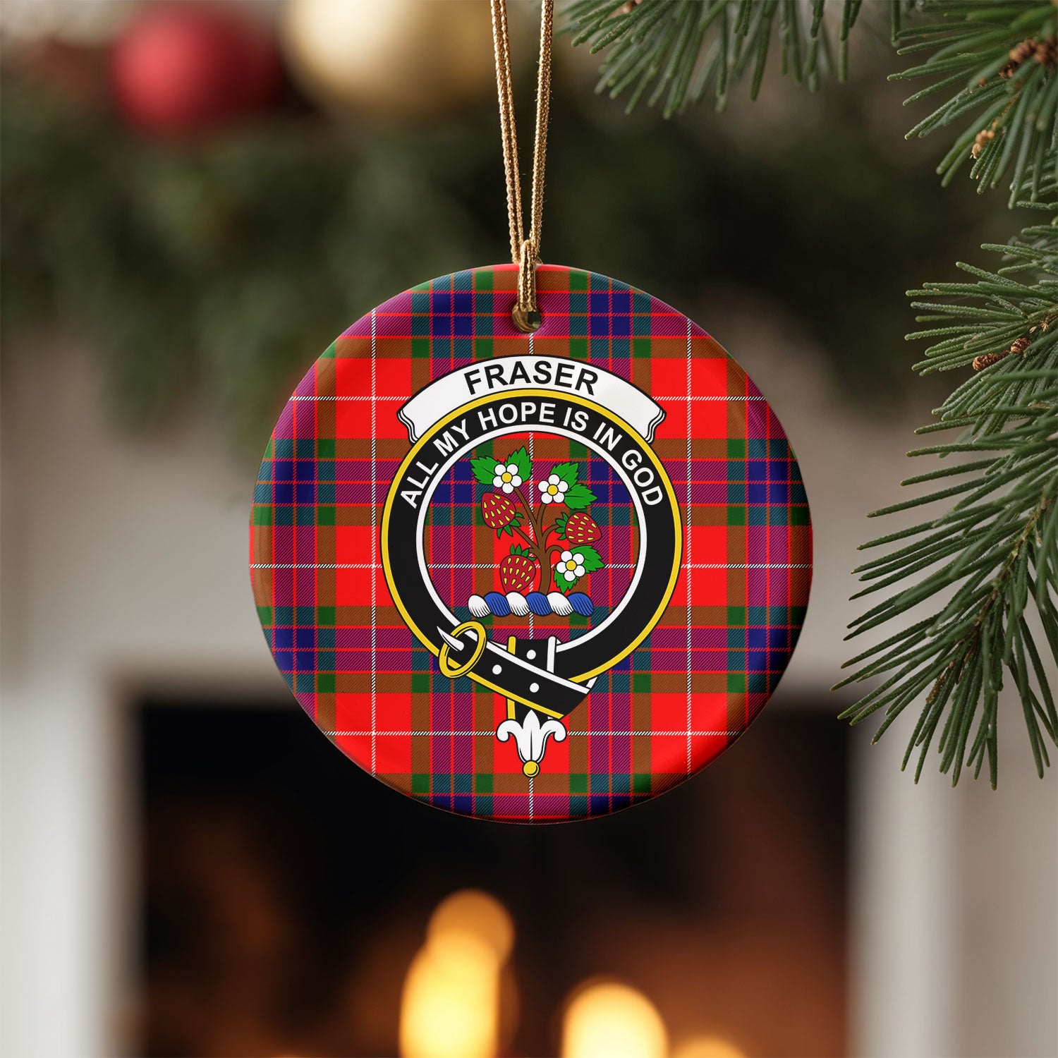 Fraser Tartan Crest Christmas Ceramic Ornament