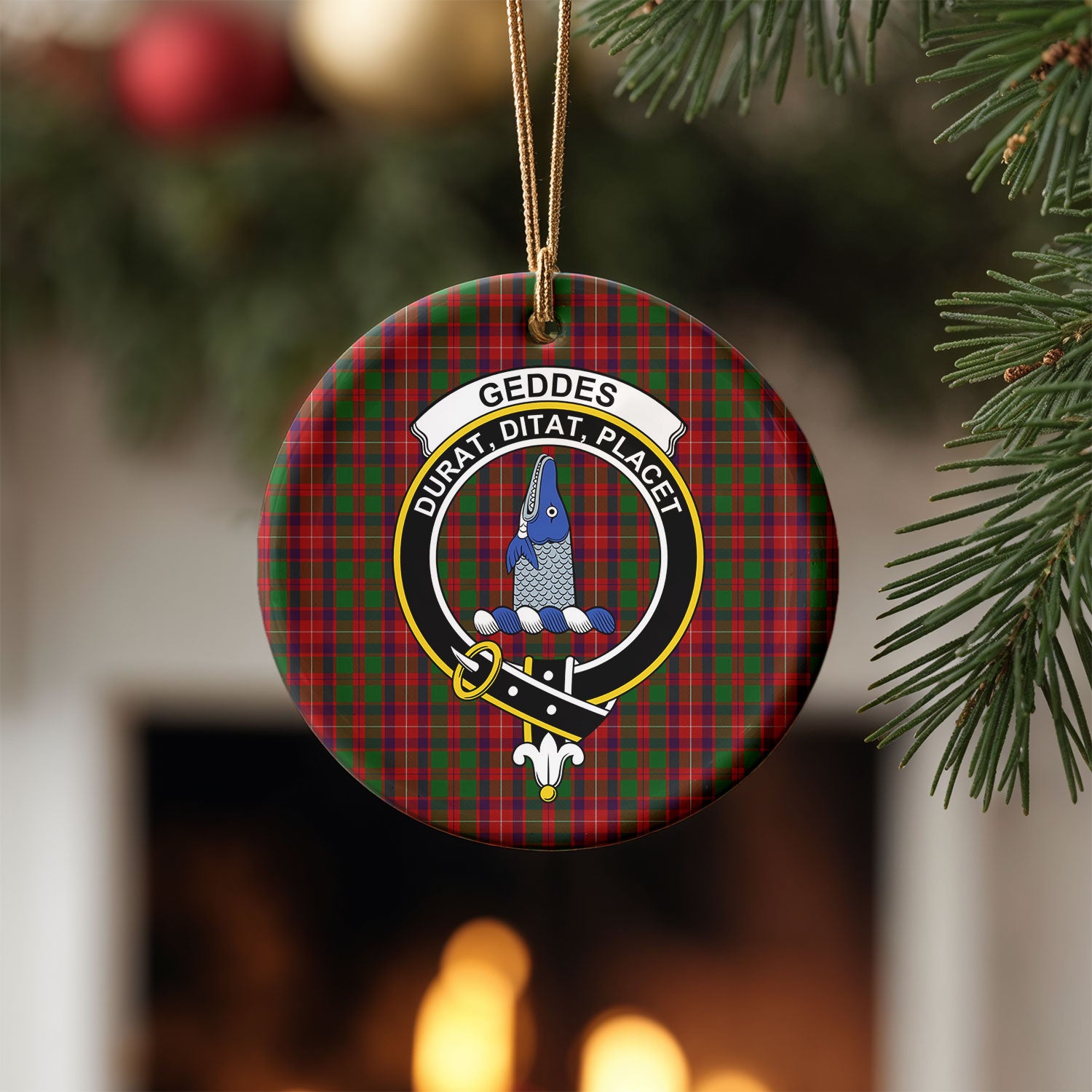Geddes Tartan Crest Christmas Ceramic Ornament