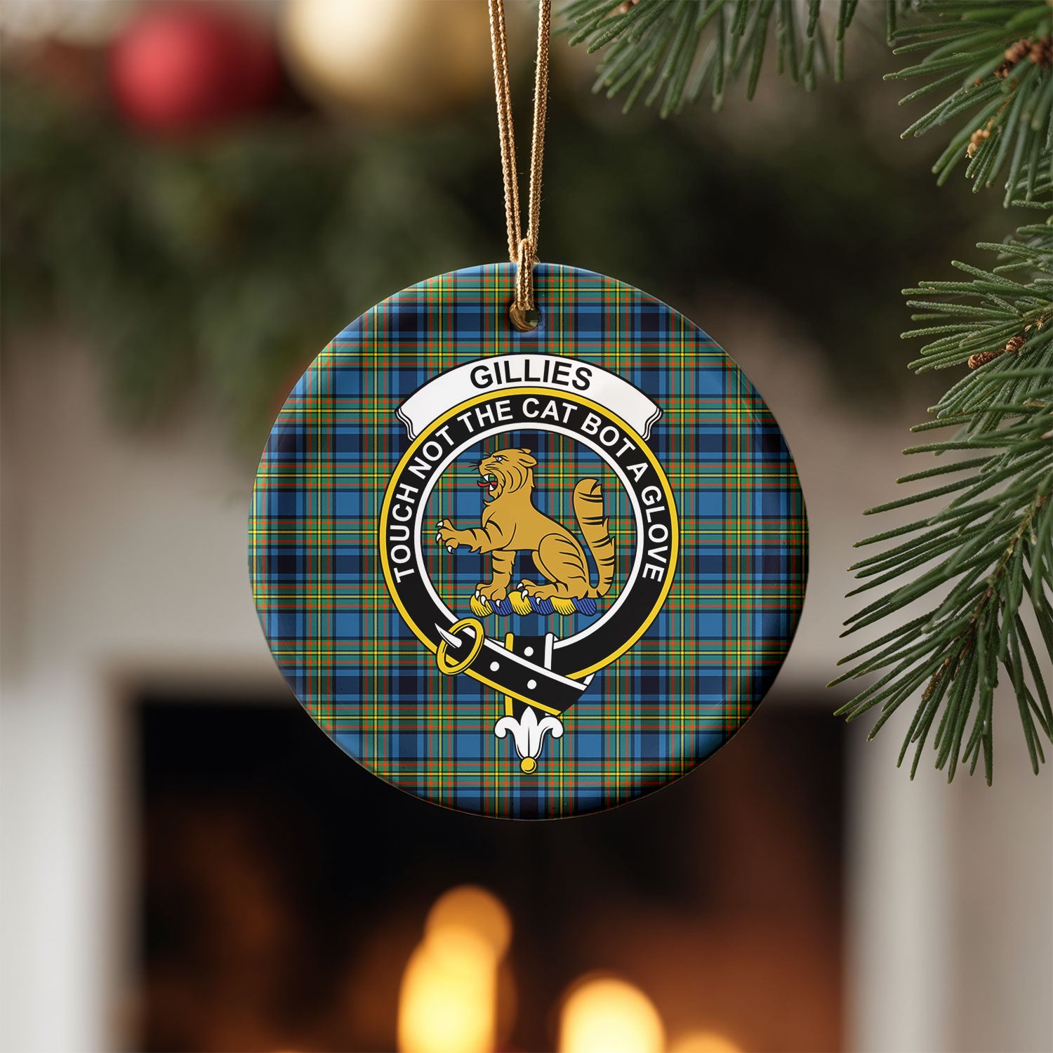 Gillies Ancient Tartan Crest Christmas Ceramic Ornament