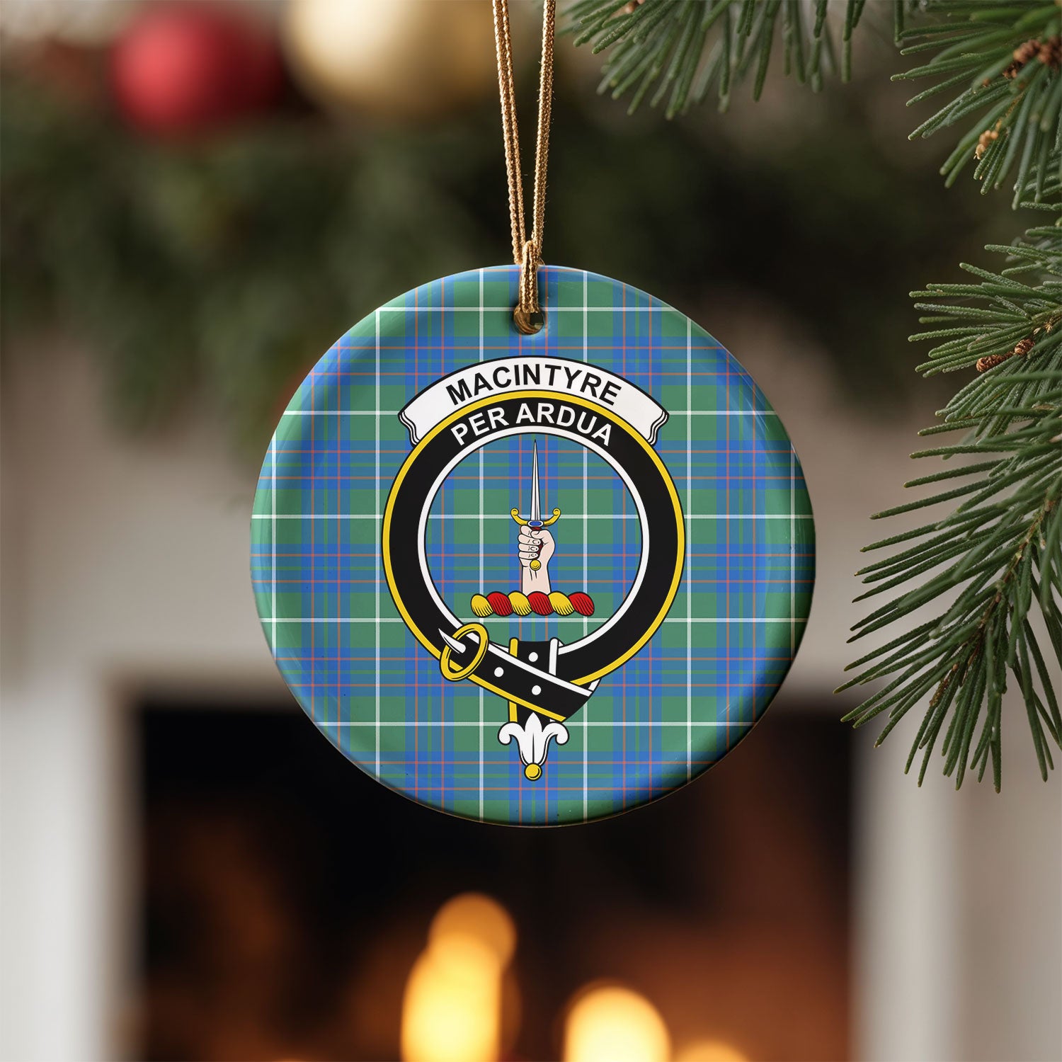 MacIntyre Hunting Ancient Tartan Crest Christmas Ceramic Ornament