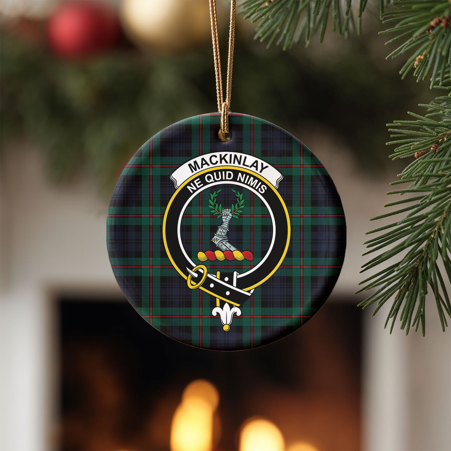 MacKinlay Modern Tartan Crest Christmas Ceramic Ornament