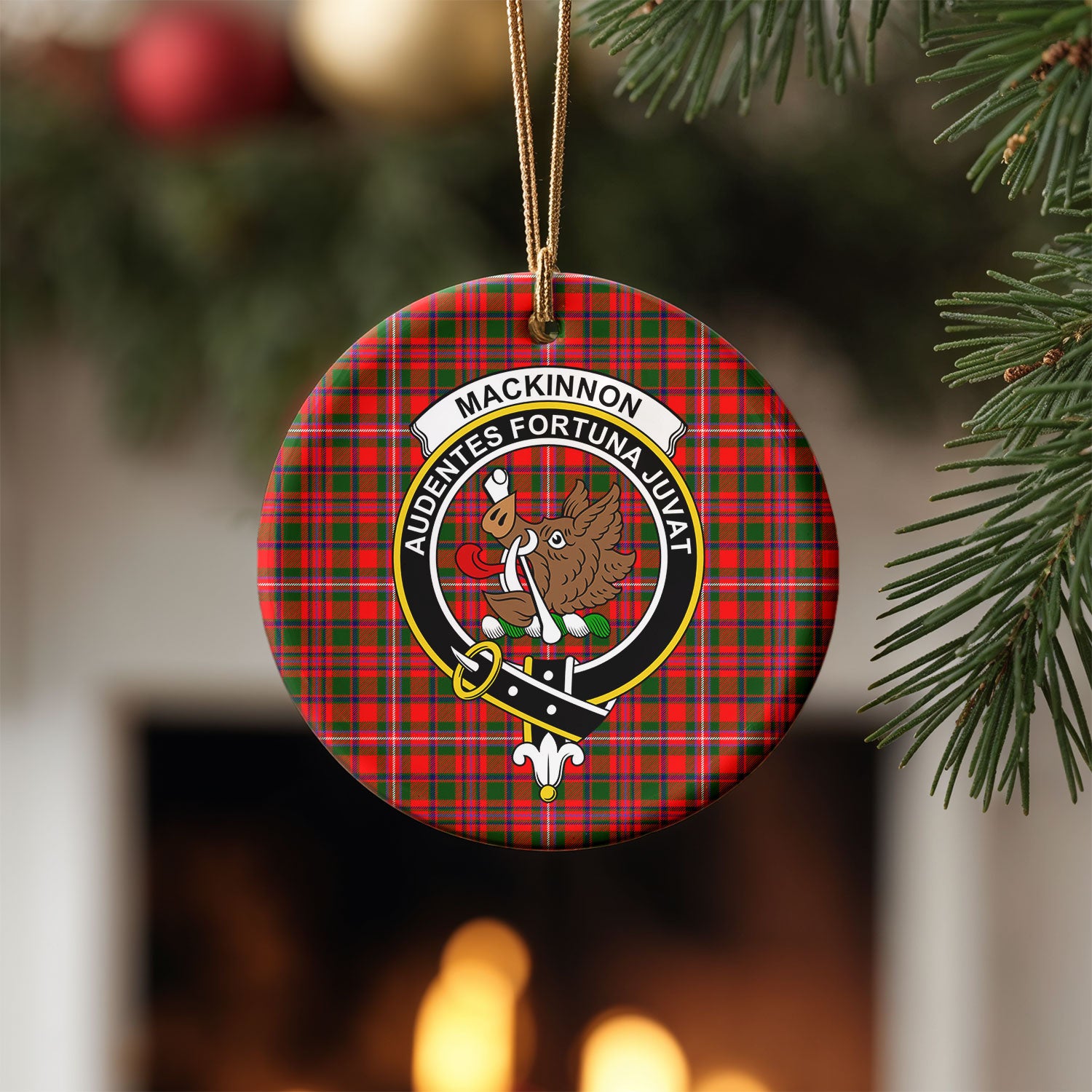 MacKinnon Modern Tartan Crest Christmas Ceramic Ornament