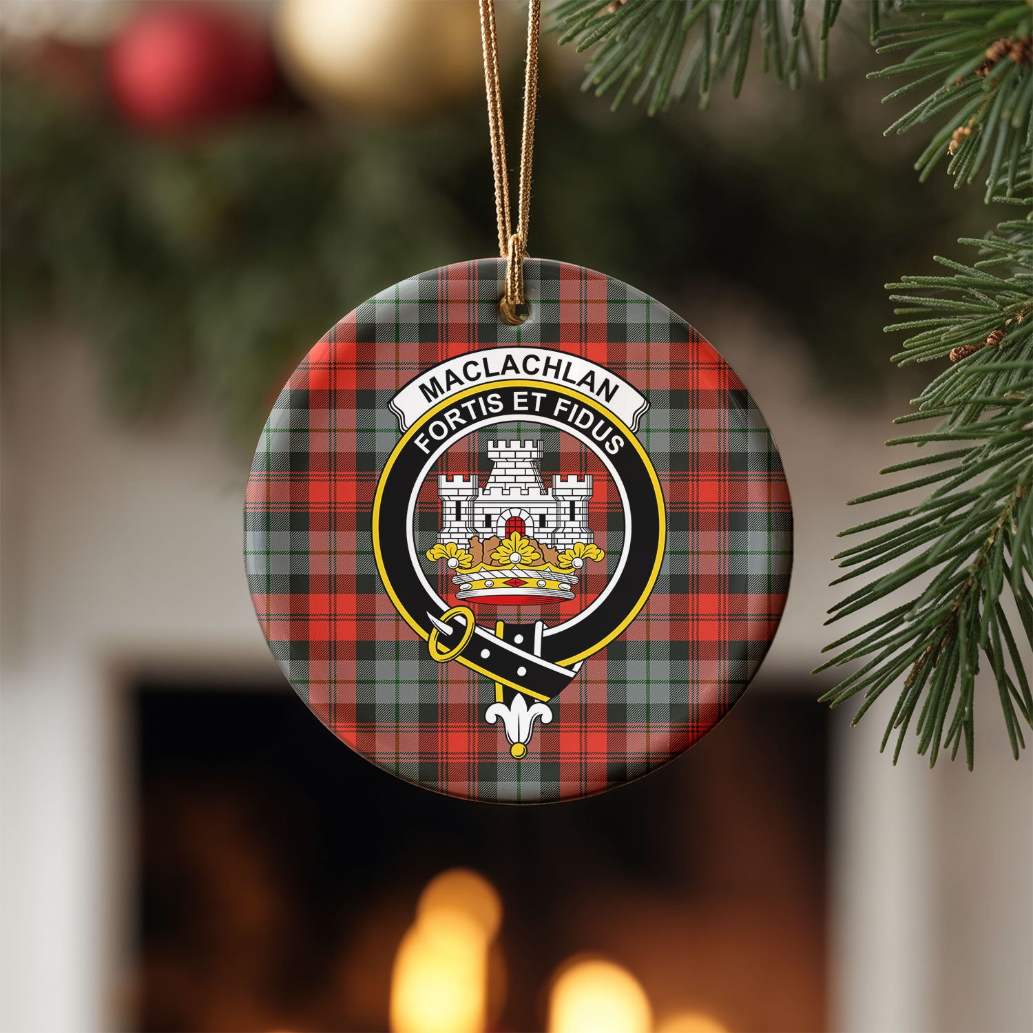 MacLachlan Weathered Tartan Crest Christmas Ceramic Ornament