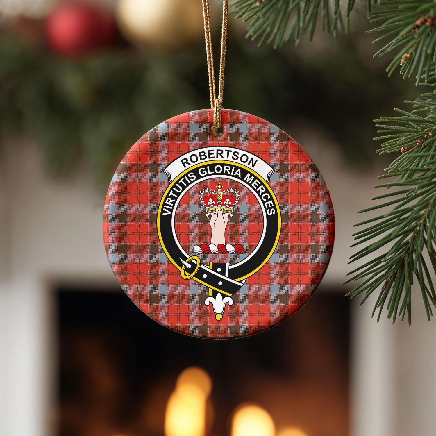 Robertson Weathered Tartan Crest Christmas Ceramic Ornament
