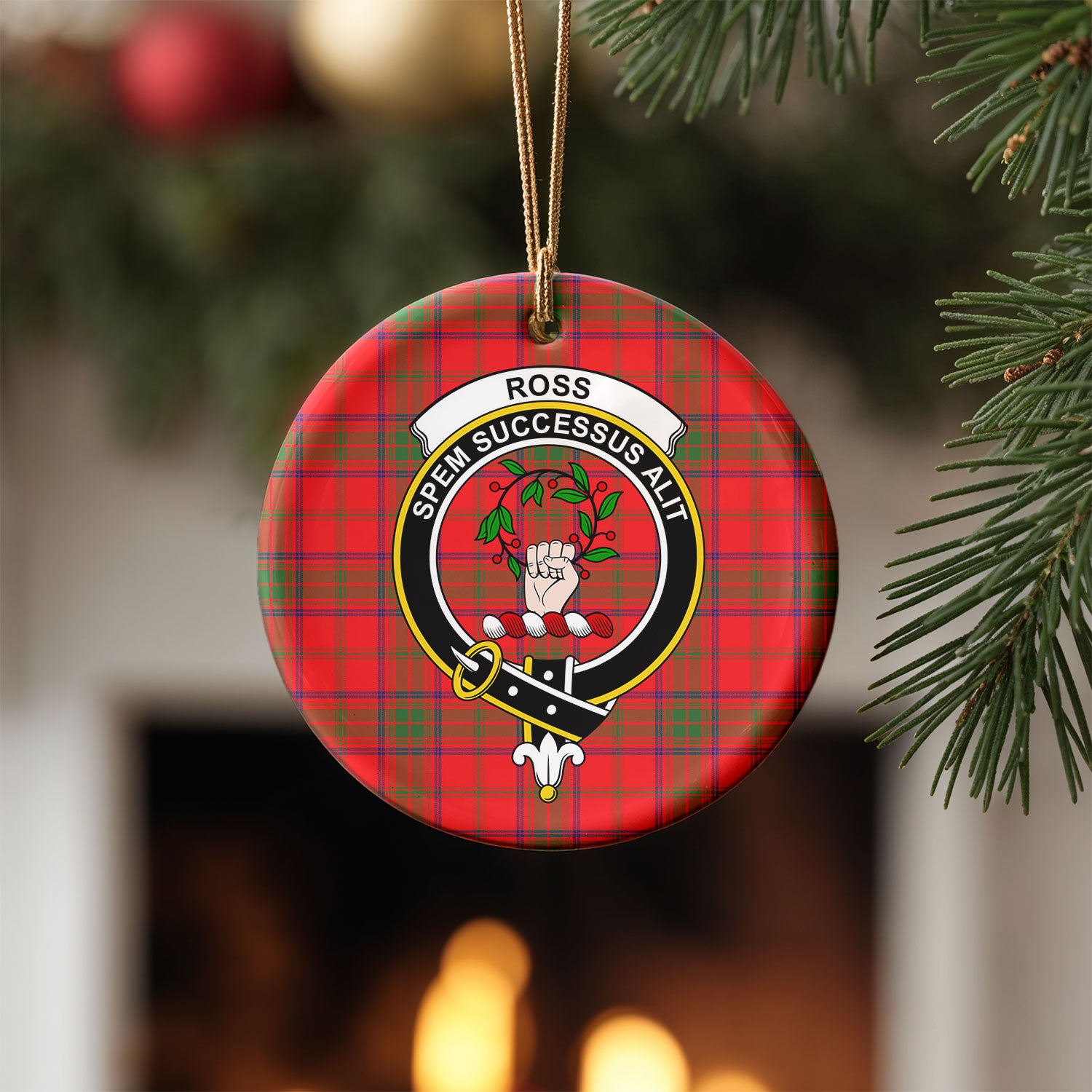 Ross Modern Tartan Crest Christmas Ceramic Ornament
