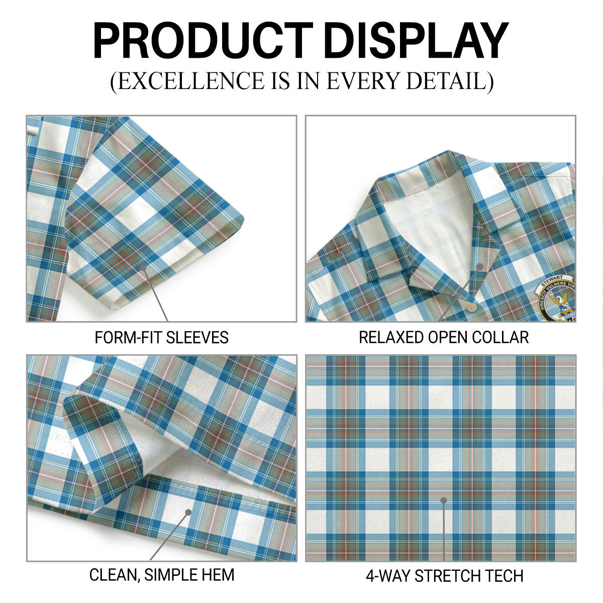 Stewart Muted Blue Tartan Crest Hawaiian Shirt