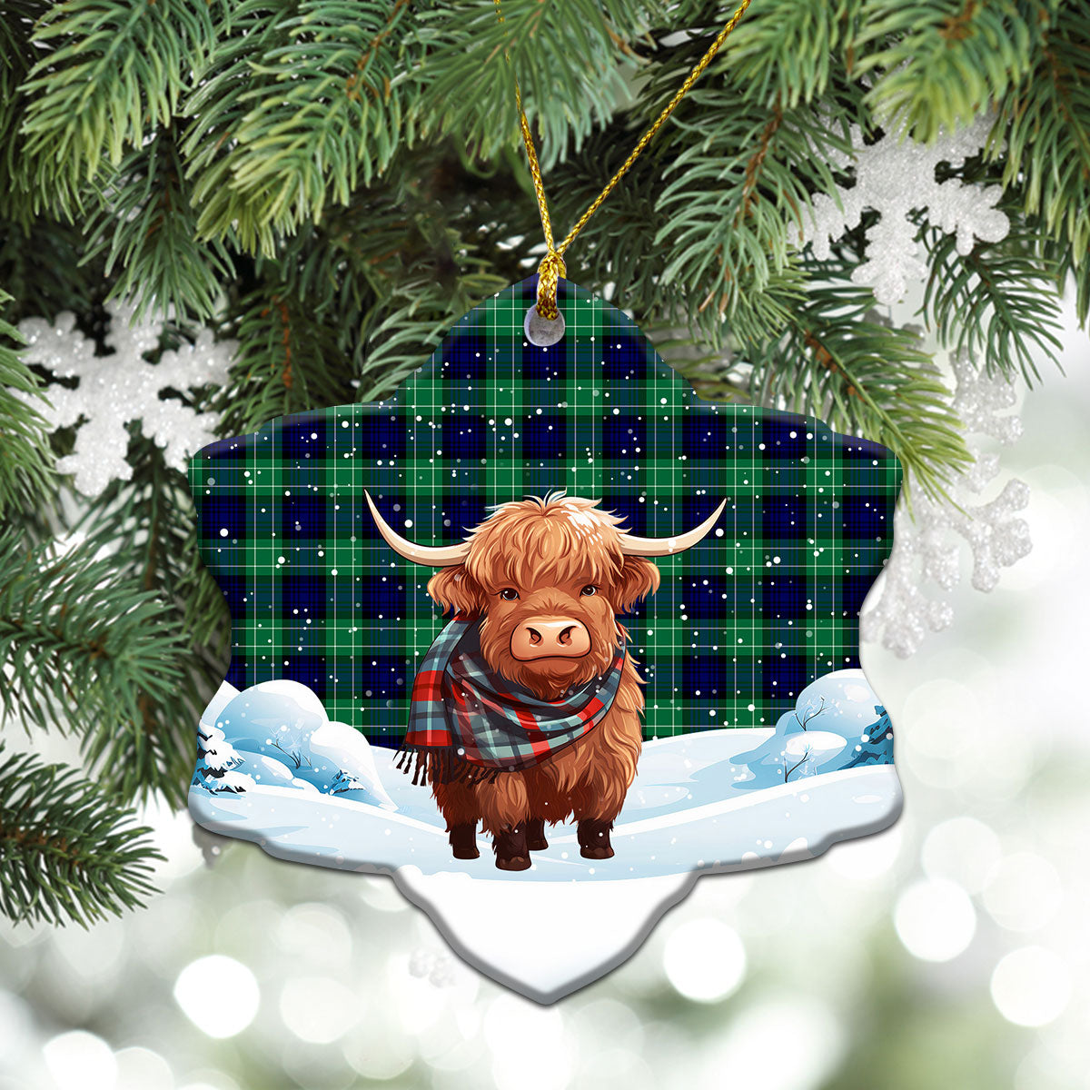 Abercrombie Tartan Christmas Ceramic Ornament - Highland Cows Snow Style